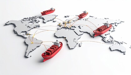 import oil oil shipment supply chain. Shipping routes illustrated on a world map with red cargo ships, symbolizing global trade and logistics.