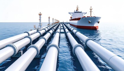import oil oil shipment supply chain. Industrial pipelines lead to a ship on water, showcasing maritime transport and energy infrastructure.