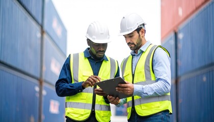 import oil oil shipment supply chain. Two construction workers in safety gear review plans on a tablet amidst shipping containers, showcasing teamwork and planning in a logistics environment.