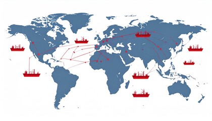 import oil oil shipment supply chain. World map with shipping routes and red cargo ships illustrating global trade and maritime transport connections.