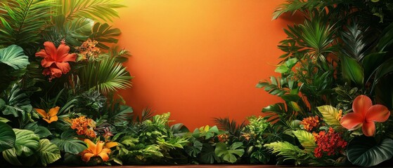 Lush Tropical Paradise Vibrant Orange Background with Exotic Plants and Flowers