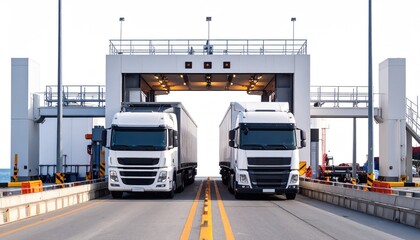 import oil oil shipment supply chain. Two large trucks pass through a modern toll or checkpoint structure, showcasing a clear, open road and industrial architecture.