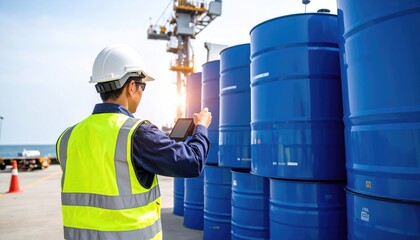 import oil oil shipment supply chain. Worker in safety gear inspects blue barrels at a port, showcasing industry standards and safety measures in a maritime environment.