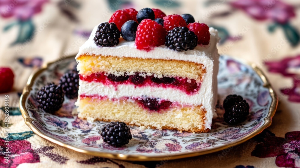 Poster A delightful sponge cake filled with whipped cream and berries, sliced to reveal the layers, sitting on a floral-patterned tablecloth for a charming presentation.