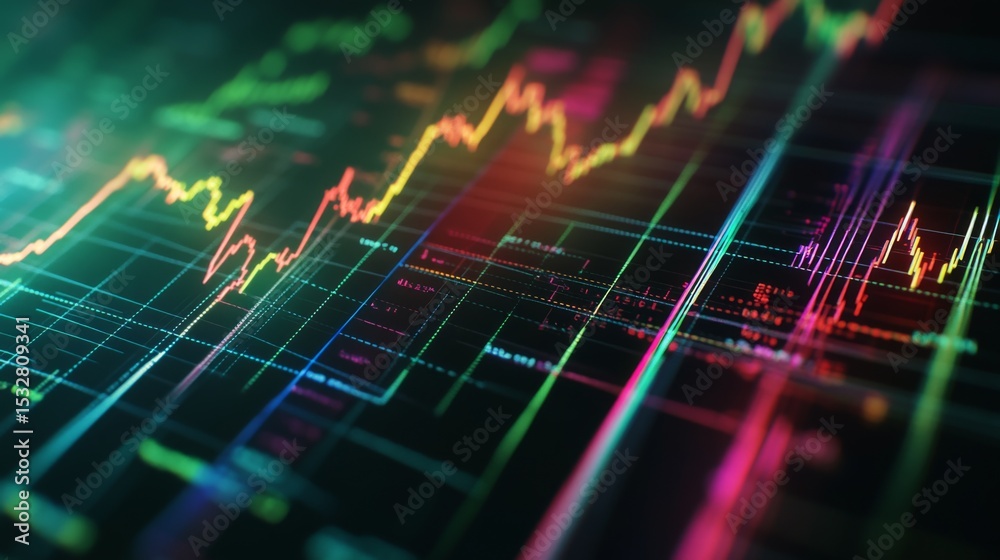 Poster a detailed close-up of a colorful financial graph with upward trends and vibrant lines on a digital 