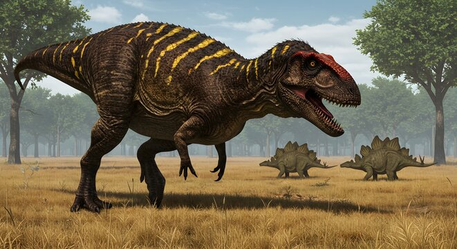 Giganotosaurus sprint across the sunlit savanna near a lone Stegosaurus, stirring dust and tension in a dramatic encounter on the prehistoric plains.