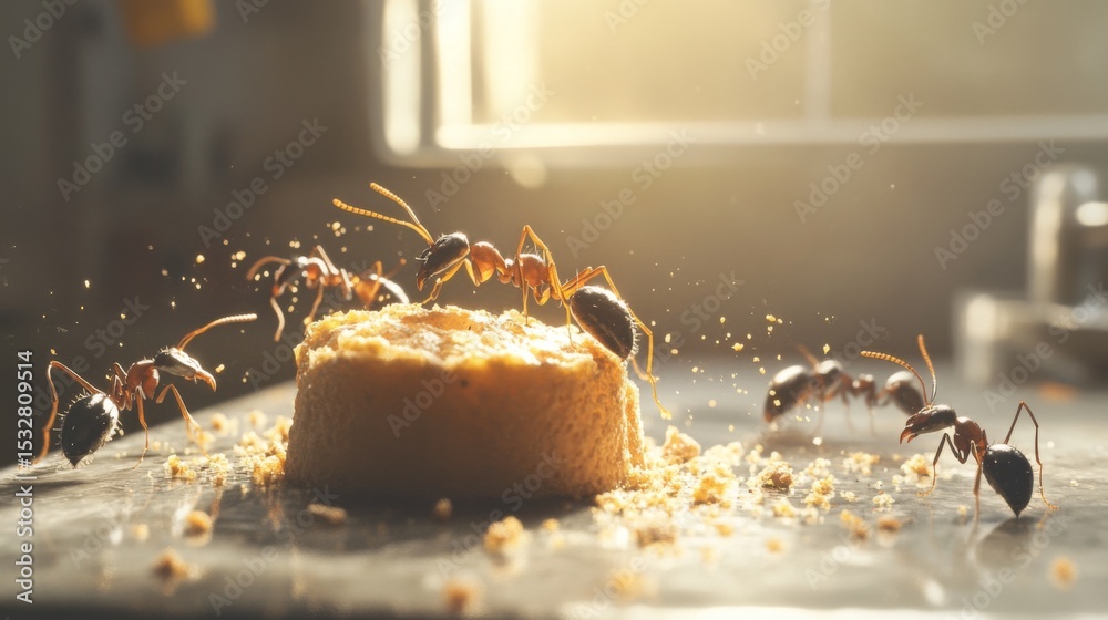 Poster A detailed image of ants crawling on a crumb of food on a kitchen counter, capturing their movement and interaction with the environment.