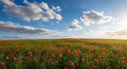 Fototapeta premium Vibrant Poppy Field Under a Sunny Sky Stunning Nature Photography