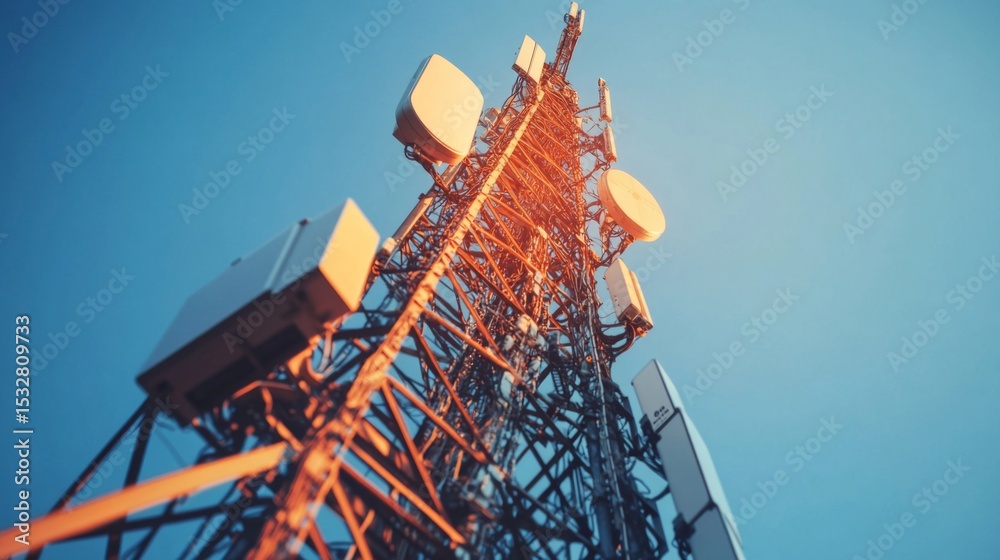 Poster A detailed shot of antennas on a telecommunications tower, with intricate wiring visible against the backdrop of a clear sky, emphasizing the complexity of communication systems