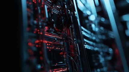 A technological background showcases a hardware network connection with a futuristic feel using red and blue lights