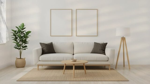 Modern minimalist living room interior with white sofa