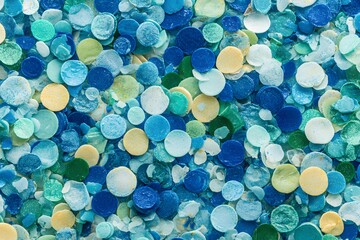 A colorful collection of circular objects. The circular objects vary in shades of blue, green, and yellow, creating a visually engaging display. The composition has an abstract feel