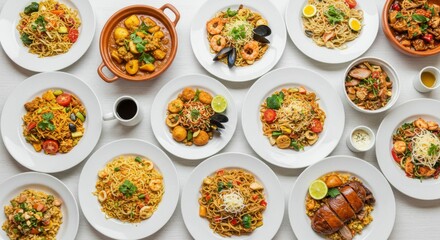 Assorted Asian noodle dishes displayed on white plates