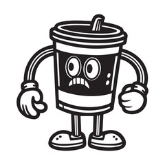 Surprised Cartoon Drink Cup Character in Black and White
