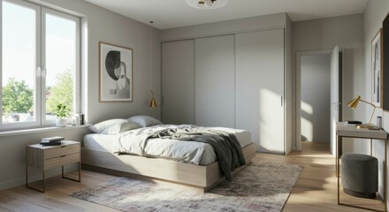 Fototapeta premium Serene bedroom with large windows, light walls, wooden floors, a platform bed, and built-in wardrobe
