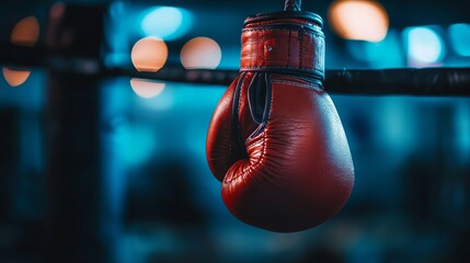 A dramatic image of a boxing glove hanging from a ring, with dim lighting casting shadows, capturing the intensity and focus associated with combat sports