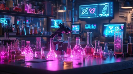 Futuristic lab filled with colorful glowing chemicals and scientific equipment