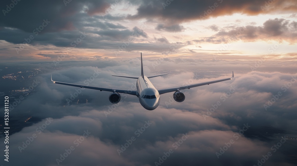 Poster a dramatic shot of an airplane descending through the clouds, with the runway lights visible in the 