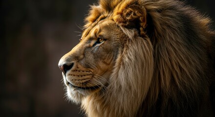 Fototapeta premium Majestic lion profile, golden mane illuminated, intense gaze, dark background
