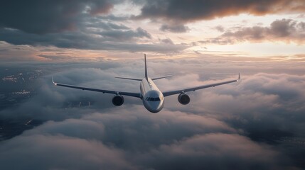 Obraz premium A dramatic shot of an airplane descending through the clouds, with the runway lights visible in the distance and the sky painted in soft hues.
