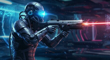 Futuristic robot soldier aiming laser rifle in a dark, technological environment