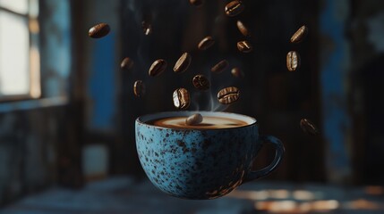 A cup of hot coffee with steam and floating coffee beans in a rustic setting