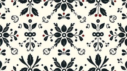 Russian Folk (Gzhel or Khokhloma) Elegant Black and Red Floral Pattern on Creamy White Background