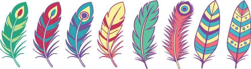 Fototapeta premium Colorful Decorative Feather Set with Vibrant Patterns for Artistic and Boho Design, set of colorful feathers isolated on white background, eps10.