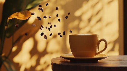 A cup of coffee with floating coffee beans create a cozy and warm atmosphere, perfect for a tranquil morning