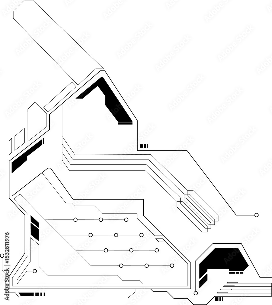 Poster showing abstract circuit pattern in flat style with round nodes, blocks on transparent backdrop