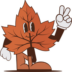 Maple leaf in flat design is showing gloved peace sign with brown shoes on transparent background