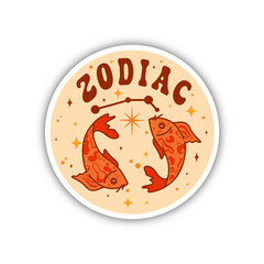 Pisces emblem is showing two fish, zodiac lettering in flat style with clear background