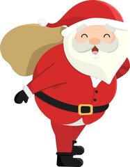 Cheerful Santa Claus is being shown in flat cartoon carrying gift sack on transparent background