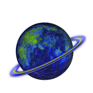Naklejki Stylized ringed planet is floating in flat outer space with grid lines, transparent background