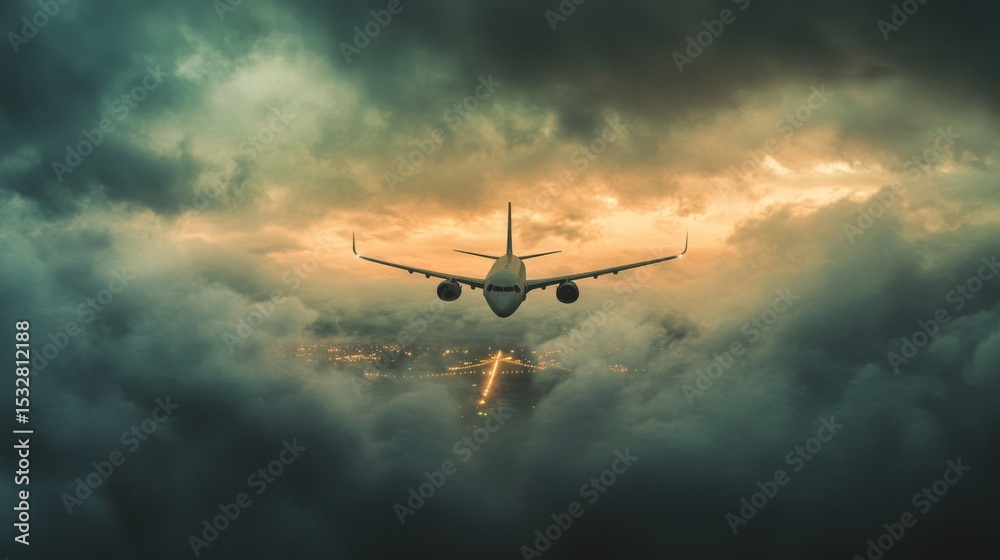 Poster a dramatic shot of an airplane descending through the clouds, with the runway lights visible in the 