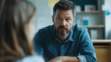 Man in denim shirt having conversation during business meeting or job interview in modern office space