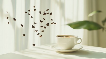 A serene coffee moment with levitating beans and soft natural light on a table