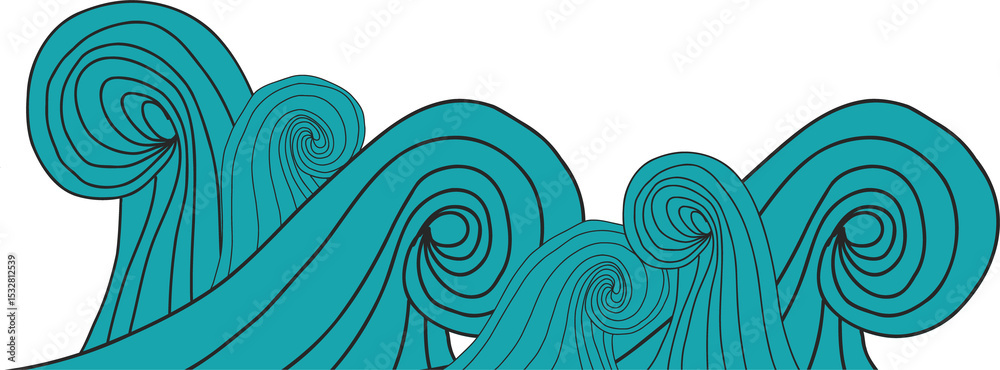 Poster abstract wave motif is undulating across transparent canvas in flat design with teal swirl patterns