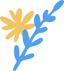 Stylized flat design florals are displaying yellow flower and blue branch on transparent background