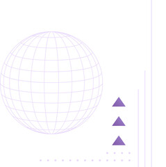 Vector wireframe sphere is floating beside purple triangles, bars and circles on clear background