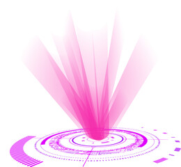 Flat abstract design showing holographic data hub emitting magenta beams on transparent backdrop