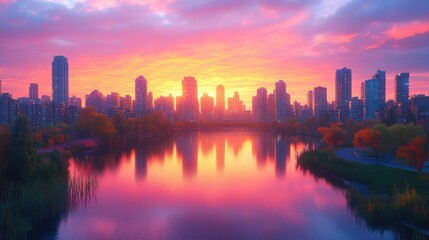 Obraz premium Vibrant sunrise over city skyline reflected in calm water