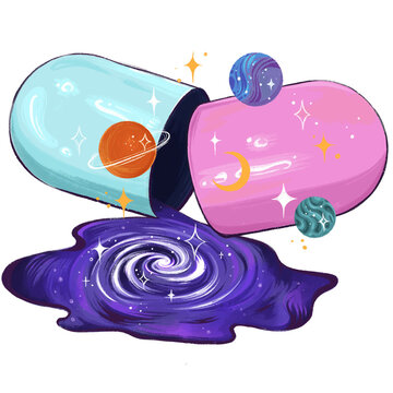 Naklejki Flat capsule is releasing galaxy swirl with ringed planets, moon and stars on transparent backdrop