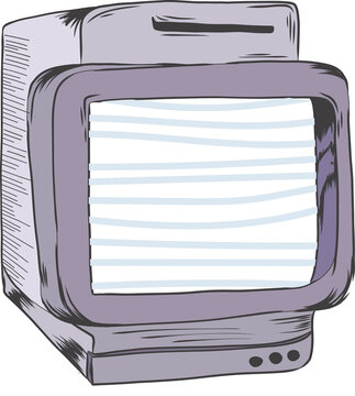 Fototapeta Lineart purple-grey CRT monitor is showing scanlines, buttons on transparent background, copy space