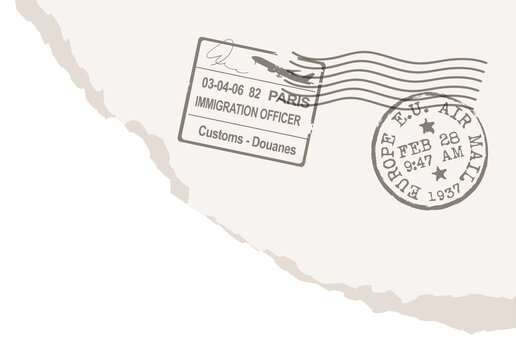 Fototapeta Showing flat torn paper corner with EU Air Mail and Paris customs stamps, transparent background