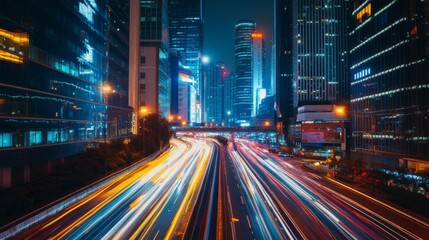 Fototapeta premium A dynamic shot of a modern city road with striking architecture, neon lights, and bustling traffic, showcasing the vibrant energy of urban life at night.