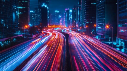A dynamic shot of a modern city road with striking architecture, neon lights, and bustling traffic, showcasing the vibrant energy of urban life at night.