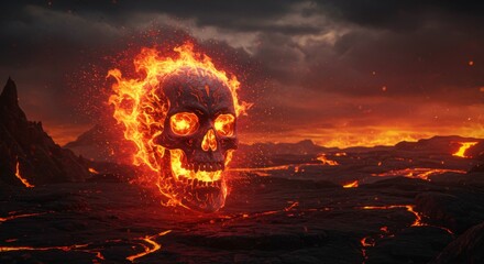 Obraz premium Fiery skull engulfed in flames, set against a volcanic landscape of lava flows and dark, ominous clouds