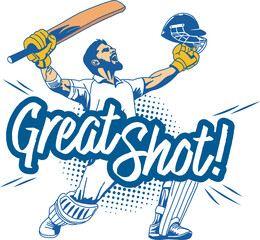 Cricket batsman is raising bat  and  helmet in flat design with GreatShot! text on transparent backd