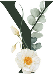 Digital illustration Y monogram is showing eucalyptus sprig, peony bloom on transparent background